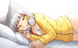 Rule 34 | 1boy, 1girl, alten, animal ears, bed, blunt bangs, cat ears, chest jewel, collarbone, commentary, core crystal (xenoblade), english commentary, facial mark, grey hair, hair ribbon, head on pillow, highres, holding hands, hood, hood down, hooded jacket, jacket, jewelry, long sleeves, lying, nia (xenoblade), on bed, on side, open mouth, panties, pov, ribbon, ring, short hair, smile, tress ribbon, underwear, wedding ring, white panties, xenoblade chronicles (series), xenoblade chronicles 2, yellow eyes, yellow jacket, zipper pull tab