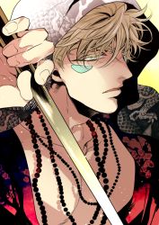 Rule 34 | 1boy, alternate costume, battle tendency, bead necklace, beads, blonde hair, caesar anthonio zeppeli, colored eyelashes, dragon print, facial mark, green eyes, hood, jewelry, jojo no kimyou na bouken, male focus, necklace, s gentian, solo, staff