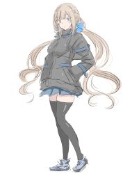 Rule 34 | 1girl, absurdres, alternate costume, black jacket, black thighhighs, blue bow, blue skirt, bow, full body, grey hair, hair bow, hands in pockets, highres, jacket, kantai collection, ken (shutenndouji1), low twintails, maryland (kancolle), pleated skirt, simple background, skirt, solo, thighhighs, twintails, white background