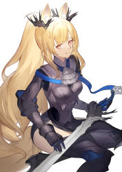 Rule 34 | 1girl, animal ear fluff, animal ears, arknights, armor, armored boots, armored dress, ascot, black dress, blemishine (arknights), blemishine (moon catastrborn) (arknights), blonde hair, boots, breasts, closed mouth, dress, elbow pads, gauntlets, grey ascot, haocong33, high heel boots, high heels, highres, holding, holding sword, holding weapon, horse ears, horse girl, horse tail, long hair, looking at viewer, medium breasts, official alternate costume, pelvic curtain, ponytail, red eyes, sidelocks, simple background, sitting, smile, solo, sword, tail, thigh boots, thighhighs, very long hair, weapon, white background, yokozuwari