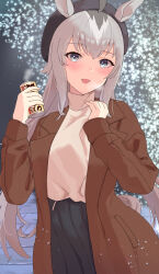 Rule 34 | 1girl, absurdres, ahoge, animal ears, black headwear, black skirt, blurry, blurry background, blush, brown coat, can, coat, coffee, commentary request, cowboy shot, den (den1115 ), grey eyes, grey hair, hair between eyes, highres, holding, holding can, horse ears, horse girl, horse tail, long hair, looking at viewer, multicolored hair, oguri cap (umamusume), open clothes, open coat, open mouth, outdoors, pleated skirt, skirt, smile, solo, streaked hair, sweater, tail, turtleneck, turtleneck sweater, umamusume, visible air, white sweater, winter