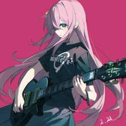 Rule 34 | 1girl, absurdres, alternate breast size, band shirt, black shirt, blue eyes, blue skirt, blush, bocchi the rock!, bracelet, breasts, chromatic aberration, cowboy shot, cube hair ornament, dated, electric guitar, from side, gotoh hitori, group name, guitar, hair between eyes, hair ornament, highres, holding, holding instrument, instrument, jewelry, logo, long hair, looking at viewer, merchandise, music, one side up, open mouth, pink background, pink hair, playing instrument, pleated skirt, qtian, shirt, short sleeves, simple background, skirt, small breasts, solo