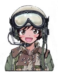 Rule 34 | 1girl, :d, akiyama yukari, artist name, brown jacket, camouflage, character name, commentary request, cropped torso, girls und panzer, goggles, goggles on headwear, green headwear, gulf war, headset, helmet, jacket, looking at viewer, military, military uniform, military vehicle, nakamura 3sou, name tag, open mouth, operation desert storm, short hair, simple background, smile, solo, sss, uniform, united states marine corps, upper body, white background, woodland camouflage