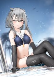 Rule 34 | 1girl, black gloves, black thighhighs, bottomless, breasts, crop top, driftkingtw, elbow gloves, fake horns, gloves, gradient neckerchief, grey eyes, grey hair, hair ornament, horned headwear, horns, i-201 (kancolle), kantai collection, long hair, navel, neckerchief, nontraditional school swimsuit, pool ladder, poolside, sailor collar, school swimsuit, sitting, small breasts, soaking feet, solo, swimsuit, thighhighs, wet, white neckerchief, x hair ornament, yellow neckerchief