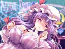 Rule 34 | 1girl, black ribbon, blush, breasts, character name, cleavage, covered erect nipples, crescent, crescent pin, hat, large breasts, long hair, long sleeves, looking at viewer, mob cap, neck ribbon, nose blush, parted lips, patchouli knowledge, pentagram, purple eyes, purple hair, ribbon, solo, striped, touhou, upper body, white hat, yamu (reverse noise)