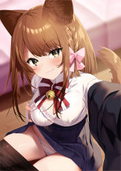 Rule 34 | 1girl, animal ears, bell, black pantyhose, blurry, blurry background, bow, bowtie, bra, braid, breasts, brown eyes, brown hair, cat ears, cat girl, cat tail, clothes pull, haiba 09, highres, jingle bell, medium breasts, neck bell, nekoseki rion (haiba 09), original, panties, pantyhose, pantyhose pull, parted bangs, red bow, red bowtie, shirt, side braid, sitting, solo, tail, underwear, white bra, white panties, white shirt