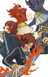 Rule 34 | 2boys, 2others, apollo (persona 2), black jacket, blue eyes, brown eyes, brown hair, copyright name, cortaunatijera, dual persona, epaulettes, evil smile, flaming sword, flaming weapon, highres, holding, holding sword, holding weapon, jacket, looking at another, male focus, multiple boys, multiple others, necktie, persona, persona 2, persona 2 tsumi, purple necktie, red eyes, reverse apollo, school uniform, seven sisters high school uniform, shadow tatsuya, shirt, simple background, smile, spanish commentary, suou tatsuya, sword, weapon, white background, white shirt