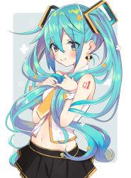 Rule 34 | 1girl, aqua eyes, aqua hair, bare shoulders, black skirt, blush, breasts, commentary, earrings, eyes visible through hair, flower, gold trim, hair flower, hair ornament, hatsune miku, highres, itaboon, jewelry, long hair, looking at viewer, nail polish, navel, necktie, shirt, simple background, skirt, smile, solo, tattoo, twintails, twintails day, very long hair, vocaloid, wrist cuffs