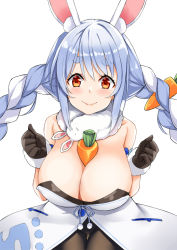 Rule 34 | 1girl, alternate breast size, animal ear fluff, animal ears, between breasts, black gloves, blue hair, braid, breasts, breasts squeezed together, carrot, carrot hair ornament, carrot print, cleavage, closed mouth, extra ears, eyebrows, food-themed hair ornament, food print, gloves, hair ornament, hololive, kosuke (bb), large breasts, lips, long braid, long hair, looking at viewer, multicolored hair, orange eyes, rabbit ears, rabbit girl, scarf, twin braids, two-tone hair, usada pekora, usada pekora (1st costume), virtual youtuber, white background, white hair