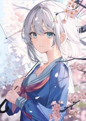 Rule 34 | 1girl, aroa (aroamoyasi), blue eyes, blue shirt, blush, branch, cherry blossoms, closed mouth, commentary request, day, falling petals, highres, holding, holding umbrella, looking at viewer, neckerchief, original, petals, red neckerchief, sailor collar, school uniform, shadow, shirt, short hair, sky, smile, solo, umbrella, upper body, white hair, white sailor collar