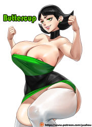 Rule 34 | 1girl, bare shoulders, black choker, black hair, blunt bangs, breasts, buttercup (ppg), character name, choker, cowboy shot, dress, earrings, green dress, green eyes, hands up, highres, huge breasts, jewelry, medium hair, nipple slip, nipples, parted lips, powerpuff girls, short dress, simple background, skindentation, smile, solo, strapless, strapless dress, thighhighs, watermark, web address, white background, white thighhighs, yuzhou