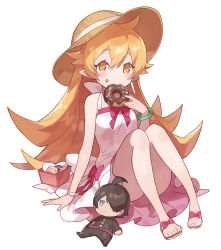 1girl bakemonogatari bare_shoulders blonde_hair blush bow bracelet breasts character_doll donut dress eating female_focus food food_in_mouth full_body hat highres jewelry kanyoko_(yuzukano_17) monogatari_(series) oshino_shinobu pointy_ears sitting sleeveless sleeveless_dress small_breasts solo sun_hat yellow_eyes