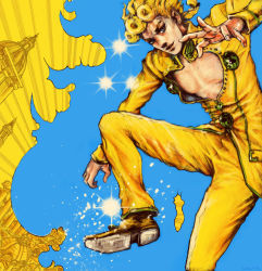 Rule 34 | 1boy, artist request, blonde hair, blue background, blue eyes, braid, breasts, cleavage, derivative work, giorno giovanna, happy, jacket, jojo no kimyou na bouken, jojo pose, leg up, looking at viewer, male focus, pants, shoes, short hair, simple background, smile, solo, source request, standing, toned, vento aureo, yellow jacket, yellow legwear