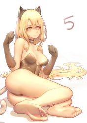Rule 34 | 1girl, alternate costume, animal ears, ass, barefoot, blonde hair, breasts, brown eyes, cat ears, choker, feet, female focus, highres, kittysuit, leotard, long hair, looking at viewer, lying, nontraditional playboy bunny, on side, pachina (warship girls r), smile, soles, solo, tail, toes, warship girls r