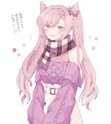 Rule 34 | 1girl, blush, double bun, flower, genshin impact, hair bun, hair flower, hair ornament, highres, keqing (genshin impact), keqing (lantern rite) (genshin impact), long hair, long sleeves, notice lines, off shoulder, open mouth, plaid, plaid scarf, purple hair, purple sweater, ririco (gnsn), scarf, simple background, skirt, solo, sweater, translation request, twintails, upper body, white background, white skirt