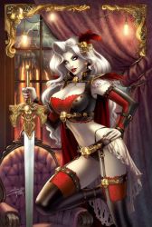 Rule 34 | 1girl, breasts, chair, cleavage, earrings, elbow gloves, gloves, highres, holding, holding sword, holding weapon, jewelry, red lips, sabinerich (artist), skull, solo, sword, tagme, weapon