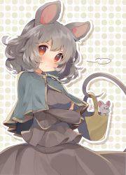 Rule 34 | 1girl, animal ears, basket, blush, capelet, crossed arms, grey hair, highres, holding, holding with tail, long sleeves, looking at viewer, md5 mismatch, mouse (animal), mouse ears, mouse tail, nazrin, polka dot, polka dot background, prehensile tail, red eyes, resized, resolution mismatch, shirt, short hair, skirt, skirt set, solo, source larger, tail, touhou, usamata