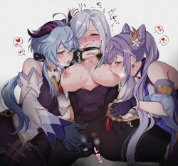 Rule 34 | 3girls, ahoge, bell, black gloves, blue hair, blush, breast sucking, breasts, commentary, cone hair bun, covered navel, covering own mouth, cowbell, detached sleeves, fff threesome, fingering, fingering through clothes, fingerless gloves, fingernails, ganyu (genshin impact), genshin impact, gloves, goat horns, green nails, grey background, group sex, hair bun, hair ornament, hair over one eye, heart, horns, keqing (genshin impact), large breasts, long hair, multiple girls, nail polish, negom, nipples, one eye closed, purple eyes, purple hair, red eyes, saliva, shenhe (genshin impact), simple background, spoken heart, spread legs, sweat, threesome, through clothes, tongue, tongue out, twintails, white hair, yuri
