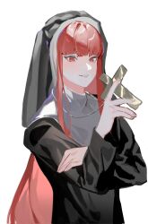 Rule 34 | 1girl, black dress, black veil, capelet, corrupted twitter file, cross, cross necklace, dress, hand on own arm, highres, holding, holding jewelry, holding necklace, jewelry, long dress, long hair, long sleeves, looking at viewer, necklace, nun, parted lips, punishing: gray raven, red eyes, red hair, sidelocks, solo, traditional nun, veil, vera (punishing: gray raven), very long hair, white background, white capelet, yongsadragon