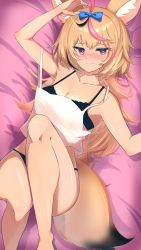 Rule 34 | 1girl, absurdres, ahoge, alternate costume, animal ear fluff, animal ears, arm up, bare legs, bed sheet, black bra, black panties, blue bow, blush, bow, bra, breasts, camisole, casual, cleavage, closed mouth, collarbone, commentary, embarrassed, english commentary, feet out of frame, fox ears, fox tail, from above, hair bow, heart, heart-shaped pupils, highres, hololive, long hair, looking at viewer, lying, medium breasts, multicolored hair, omaru polka, on back, panties, purple eyes, skindentation, sleeveless, solo, strap slip, streaked hair, symbol-shaped pupils, tail, tareme, thighs, underwear, virtual youtuber, white camisole, yuuppi