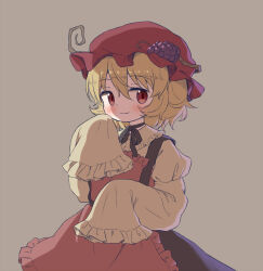 Rule 34 | 1girl, aki minoriko, apron, arinu, black skirt, blonde hair, blush, closed mouth, frilled sleeves, frills, fruit hat ornament, grape hat ornament, grey background, hair between eyes, hat, hat ornament, highres, looking at viewer, mob cap, red apron, red eyes, red hat, shirt, short hair, simple background, skirt, sleeves past fingers, sleeves past wrists, smile, solo, touhou, wide sleeves, yellow shirt