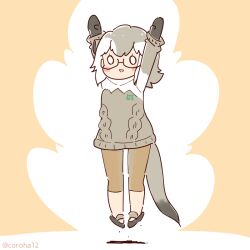 Rule 34 | 1girl, animal ears, arms up, coroha, extra ears, full body, glasses, gloves, grey hair, japari symbol, jumping, kemono friends, looking at viewer, meerkat (kemono friends), meerkat ears, meerkat tail, pants, pink background, sandals, short hair, simple background, solo, sweater, tail