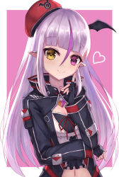 Rule 34 | 1girl, absurdres, beret, black gloves, black jacket, blunt bangs, brown eyes, closed mouth, commentary request, crop top, ear piercing, fang, fang out, fingerless gloves, gloves, hat, heart, heterochromia, highres, jacket, long hair, long sleeves, looking at viewer, masaki (msk064), mayoi sakyu, multicolored hair, navel, neck ribbon, piercing, pink background, pointy ears, purple eyes, purple hair, red hat, red ribbon, ribbon, shirt, silver hair, smile, solo, streaked hair, tilted headwear, two-tone background, upper body, very long hair, vgaming, virtual youtuber, white background, white shirt