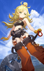 1girl absurdres aoaoaoao_(baiyanheibing) blonde_hair blue_sky breasts closed_mouth cloud day gloves goggles goggles_around_neck green_eyes highres long_hair looking_at_viewer midriff navel orange_gloves orange_thighhighs piper_wheel sky small_breasts solo standing thick_eyebrows thighhighs zenless_zone_zero