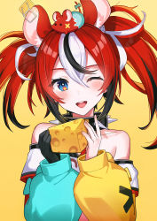 Rule 34 | 1girl, ;d, animal, animal ears, animal on head, bare shoulders, black gloves, black hair, blue eyes, blush, cheese, collar, food, gloves, hair between eyes, hakos baelz, highres, holding, holding food, hololive, hololive english, looking at viewer, mouse (animal), mouse ears, multicolored hair, on head, one eye closed, open mouth, rangu, red hair, simple background, single glove, smile, solo, spiked collar, spikes, upper body, virtual youtuber, white hair, yellow background