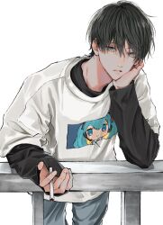 Rule 34 | 1boy, black hair, black shirt, blue eyes, cigarette, en (e898n), grey pants, hand up, head rest, highres, holding, holding cigarette, long sleeves, looking at viewer, male focus, original, pants, railing, shirt, short hair, simple background, solo, standing, white background, white shirt