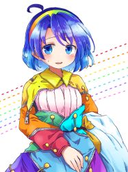 Rule 34 | 1girl, ahoge, blue eyes, blue hair, blush, commentary request, cowboy shot, dress, hairband, highres, long sleeves, looking at viewer, multicolored clothes, multicolored dress, multicolored hairband, open mouth, patchwork clothes, pote (ptkan), pouch, rainbow gradient, short hair, solo, tenkyuu chimata, touhou, unzipped, zipper