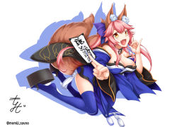 Rule 34 | 10s, 1girl, animal ears, bare shoulders, blue thighhighs, bow, breasts, cleavage, detached sleeves, fate/extra, fate/extra ccc, fate/grand order, fate (series), fox ears, fox shadow puppet, fox tail, graphite (medium), hair bow, hair ribbon, highres, japanese clothes, large breasts, mechanical pencil, multiple tails, oukasirayami, pencil, pink hair, ribbon, simple background, solo, tail, tamamo (fate), tamamo no mae (fate/extra), thighhighs, traditional media, twintails, white background, yellow eyes