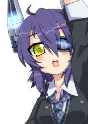 Rule 34 | 10s, 1girl, amakawa ginga, blush, breasts, cleavage, close-up, eyepatch, headgear, kantai collection, necktie, open mouth, personification, purple hair, short hair, solo, tenryuu (kancolle), yellow eyes