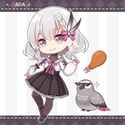 Rule 34 | 1girl, animal, argyle, bird, black footwear, black skirt, boots, bow, braid, brown pantyhose, character name, chibi, chicken (food), chicken leg, closed mouth, dada (relive project), full body, grey eyes, grey hair, hair between eyes, hair bow, hitsuki rei, jungle, long hair, long sleeves, looking at viewer, nature, off shoulder, pantyhose, pink bow, pleated skirt, puffy long sleeves, puffy sleeves, relive project, shirt, skirt, sleeves past wrists, smile, solo, sparkle, striped, striped background, vertical stripes, virtual youtuber, white shirt