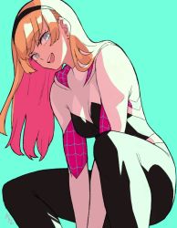 Rule 34 | 1girl, :d, animification, arms between legs, blonde hair, blue eyes, bodysuit, breasts, commentary, english commentary, gwen stacy, hairband, highres, hood, hooded bodysuit, long hair, looking at viewer, marvel, medium breasts, open mouth, silk, smile, solo, spider-gwen, spider-man (series), spider web, spider web print, superhero costume, sushi pizza rrr