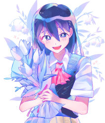 Rule 34 | 1girl, black hair, black sweater vest, bouquet, bow, brown skirt, commentary, english commentary, flower, highres, holding, holding bouquet, iro (mywife sunny), lily of the valley, long hair, looking at viewer, mari (faraway) (omori), mari (omori), omori, open mouth, red bow, scar, scar on neck, shirt, shooting star, skirt, smile, solo, sparkle, sweater vest, teeth, tulip, upper teeth only, white background, white flower, white shirt, white tulip