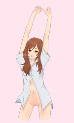 Rule 34 | 1girl, arms up, brown eyes, brown hair, collarbone, cropped legs, eyebrows, female focus, gluteal fold, half-closed eyes, highres, hori-san to miyamura-kun, hori kyouko, horimi, long hair, looking at viewer, navel, open mouth, pink background, pussy, simple background, solo, teeth, upper teeth only