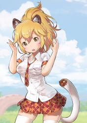 Rule 34 | 10s, 1girl, alternate hairstyle, animal ears, blonde hair, blue sky, breasts, brown eyes, cloud, cloudy sky, contrapposto, cowboy shot, day, fukushima masayasu, highres, kemono friends, lion (kemono friends), long hair, medium breasts, necktie, open mouth, outdoors, plaid, plaid necktie, plaid neckwear, plaid skirt, pleated skirt, ponytail, skirt, sky, solo, standing, tail, thighhighs, white thighhighs