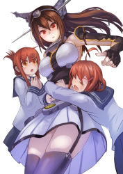 Rule 34 | &gt; &lt;, 10s, 3girls, ahoge, armpits, breasts, brown eyes, brown hair, elbow gloves, closed eyes, fingerless gloves, folded ponytail, gloves, hair ornament, hairband, hairclip, half updo, headgear, highres, hug, ikazuchi (kancolle), inazuma (kancolle), kantai collection, koruse, large breasts, miniskirt, multiple girls, nagato (kancolle), open mouth, personification, red eyes, siblings, sisters, skirt