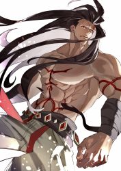 Rule 34 | 1boy, alternate universe, bandages, bare pectorals, black hair, fate/grand order, fate (series), haruakira, heracles (fate), heterochromia, highres, long hair, looking to the side, male focus, muscular, muscular male, navel, pectorals, red eyes, simple background, solo, tattoo, upper body, white background, yellow eyes