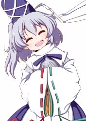 Rule 34 | 1girl, :d, ^ ^, closed eyes, detached sleeves, closed eyes, facing viewer, hair between eyes, hands in opposite sleeves, hat, head tilt, highres, japanese clothes, kariginu, long hair, mononobe no futo, open mouth, ponytail, ribbon, ribbon-trimmed sleeves, ribbon trim, saado (thirdflogchorus), silver hair, simple background, smile, solo, tate eboshi, touhou, upper body, white background, wide sleeves