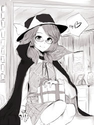 Rule 34 | 1girl, blush, bow, buttons, calendar (object), cape, closed mouth, clothes writing, commentary, drawer, drawing (object), flower, fujiwara no mokou, gift, glasses, greyscale, hat, hat bow, heart, highres, looking at viewer, low twintails, medium hair, monochrome, mugo (mugokii), plaid, plaid shirt, plaid skirt, runes, semi-rimless eyewear, shirt, short twintails, sitting, skirt, smile, solo, spoken heart, touhou, twintails, usami sumireko, vase