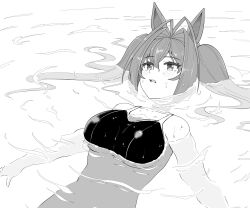 1girl animal_ears daiwa_scarlet_(umamusume) greyscale horse_ears horse_girl hu-min_(okok6341) monochrome one-piece_swimsuit partially_submerged solo swimsuit umamusume water