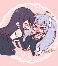 Rule 34 | 2girls, ahoge, all fours, artist name, assault lily, bare shoulders, black hair, black pantyhose, black ribbon, black skirt, black thighhighs, blush, bow, brown footwear, buttons, center frills, chibi, closed eyes, commentary, dated, detached sleeves, doily, face-to-face, frilled shirt, frilled shirt collar, frilled skirt, frills, glasses, grey hair, hair bow, hands up, high-waist skirt, jewelry, knees together feet apart, knees up, long hair, long sleeves, looking at another, mashima moyu, miniskirt, miriam hildegard von gropius, multiple girls, neck ribbon, nose blush, open mouth, pantyhose, pink background, pleated skirt, profile, purple eyes, red-framed eyewear, ribbon, ring, school uniform, shirt, shoes, sidelocks, sitting, skirt, sleeve bow, sleeveless, sleeveless shirt, smile, sweatdrop, takemiya jin, thighhighs, twintails, v-shaped eyebrows, very long hair, wavy mouth, white bow, white shirt, yuri, yurigaoka girls academy school uniform