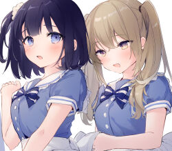Rule 34 | 2girls, adjusting bow, apron, back bow, black hair, blue bow, blue bowtie, blue eyes, blue shirt, blue sleeves, blush, bow, bowtie, brown hair, buttons, check copyright, collared shirt, commentary, copyright request, earrings, fang, frilled sailor collar, frills, hair ornament, hair over shoulder, hair scrunchie, hand up, highres, jewelry, long hair, medium hair, multiple girls, one side up, open mouth, original, sailor collar, school uniform, scrunchie, shirt, short sleeves, simple background, smile, striped bow, striped bowtie, striped clothes, stud earrings, suzumori uina, symbol-only commentary, twintails, upper body, waist apron, white apron, white background, white bow, white sailor collar, white scrunchie, yellow eyes