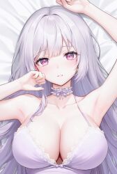 Rule 34 | 1girl, armpits, arms up, bed sheet, blush, breasts, character request, choker, cleavage, collarbone, dress, frilled choker, frills, highres, large breasts, lethe (lethe187), long hair, looking at viewer, lying, on back, parted lips, purple eyes, solo, virtual youtuber, white dress, white hair