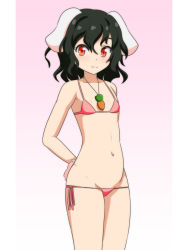 Rule 34 | 1girl, :3, animal ears, arms behind back, bikini, black hair, carrot necklace, cato (monocatienus), commentary request, cowboy shot, flat chest, gradient background, inaba tewi, jewelry, looking at viewer, lowleg, lowleg bikini, medium hair, navel, necklace, pink background, pink bikini, rabbit ears, rabbit girl, rabbit tail, red eyes, simple background, smile, solo, stomach, swimsuit, tail, touhou