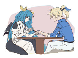 Rule 34 | 1boy, 1girl, blue eyes, blue shirt, casual, couple, cross, dizzy (guilty gear), guilty gear, guilty gear xrd, hetero, highres, husband and wife, kuangren k, ky kiske, long hair, maid, nail polish, ponytail, red eyes, shirt, sitting, smile, table, tail, twintails