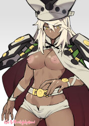 Rule 34 | 1girl, breasts, closed mouth, dark-skinned female, dark skin, expressionless, ge-b, guilty gear, guilty gear xrd, highres, large breasts, navel, nipples, ramlethal valentine, short shorts, shorts, solo, topless, white hair, yellow eyes