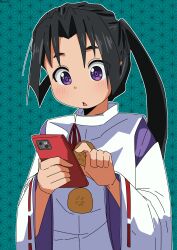 Rule 34 | 1boy, absurdres, anachronism, androgynous, bambi2000line, black hair, cellphone, commentary request, highres, holding, holding phone, houjou tokiyuki (nige jouzu no wakagimi), japanese clothes, kariginu, long hair, male focus, nige jouzu no wakagimi, parted bangs, phone, purple eyes, ribbon-trimmed sleeves, ribbon trim, sidelocks tied back, smartphone, solo, wide sleeves